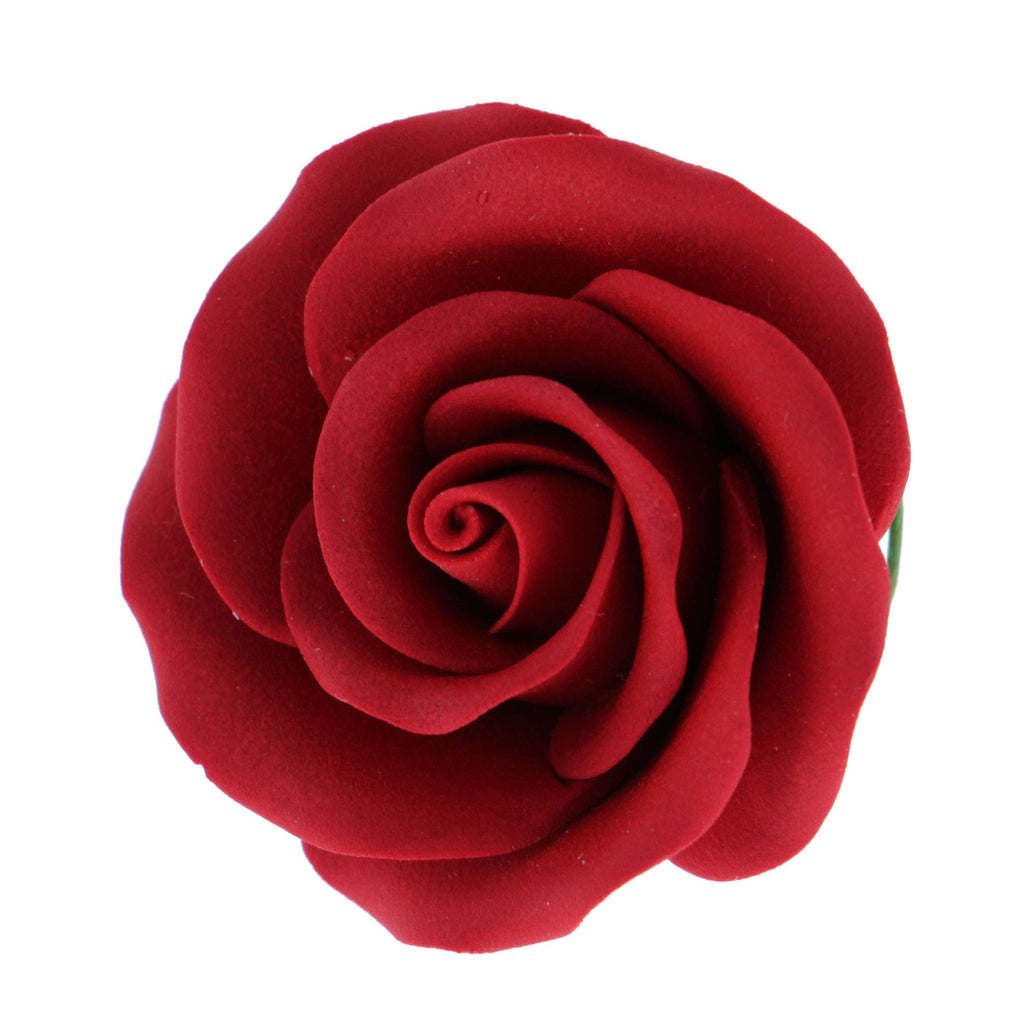 Classic Tea Rose Sugar Cake Flowers, by Global Sugar Art, Wired, Red with Green Calyx, Medium