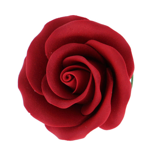 Classic Tea Rose Sugar Cake Flowers, by Global Sugar Art, Wired, Red with Green Calyx, Medium