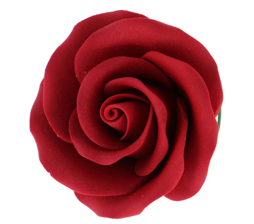 Classic Tea Rose Sugar Cake Flowers, by Global Sugar Art, Wired, Red with Green Calyx, Medium