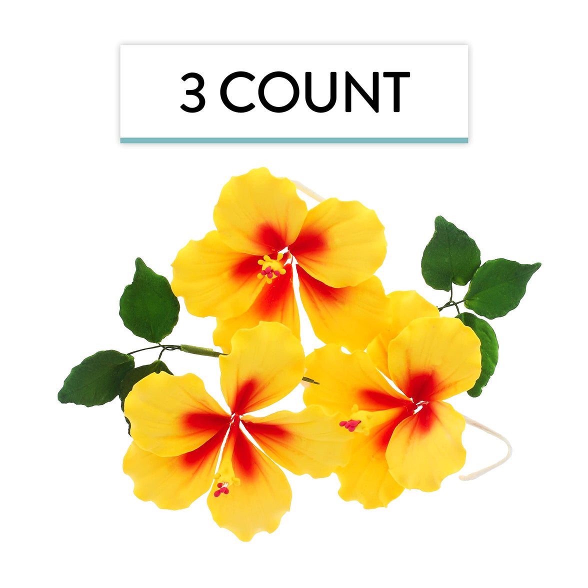 Global Sugar Art Hibiscus Sugar Cake Flowers, Yellow with Red, 3 Count with Leaves by Chef Alan Tetreault