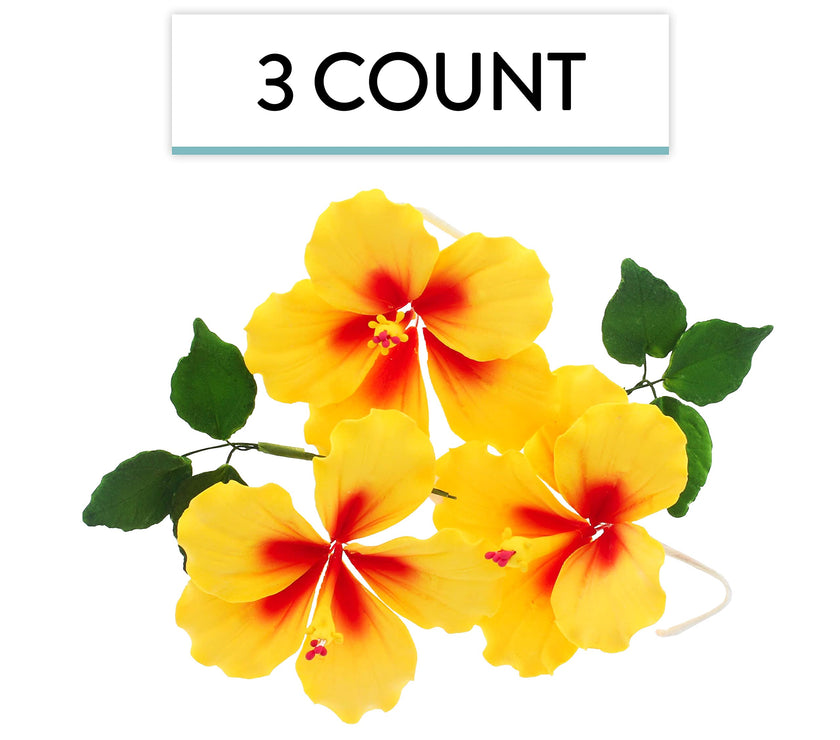 Global Sugar Art Hibiscus Sugar Cake Flowers, Yellow with Red, 3 Count with Leaves by Chef Alan Tetreault