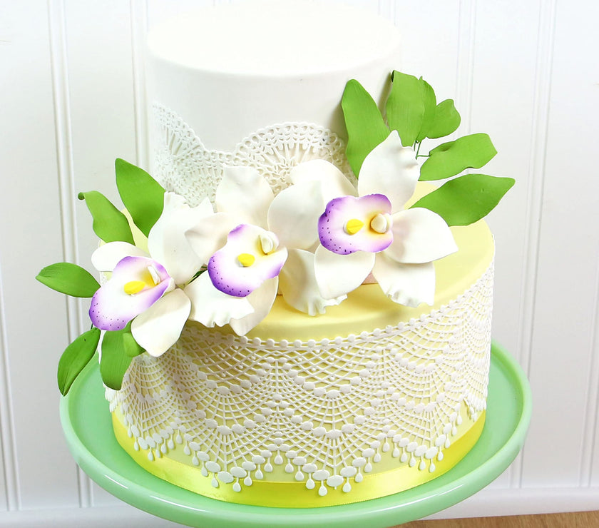 Orchid Sugar Cake Flowers, Pearly Orchids, by Global Sugar Art, Large, White with Purple, 4 Count