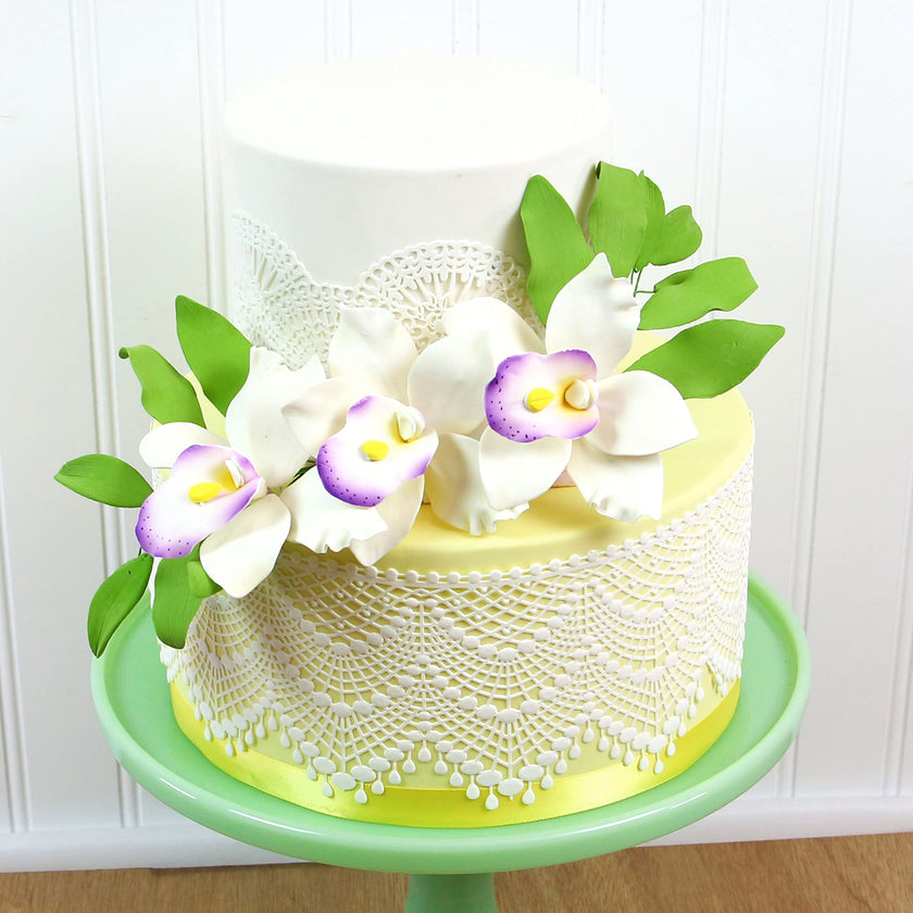Orchid Sugar Cake Flowers, Pearly Orchids, by Global Sugar Art, Large, White with Purple, 4 Count