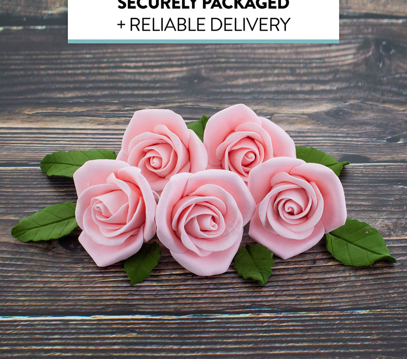 Peace Rose Sugar Flowers with Leaves, Cake Decorating Kit, by Global Sugar Art, Medium, Pink