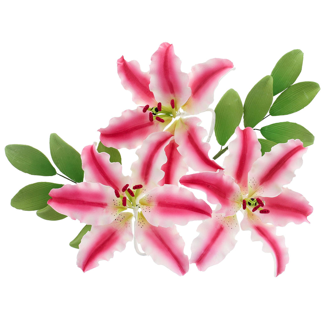 Stargazer Lily Sugar Flowers with Leaf Sprays by Global Sugar Art, Pink and White, 3 Count