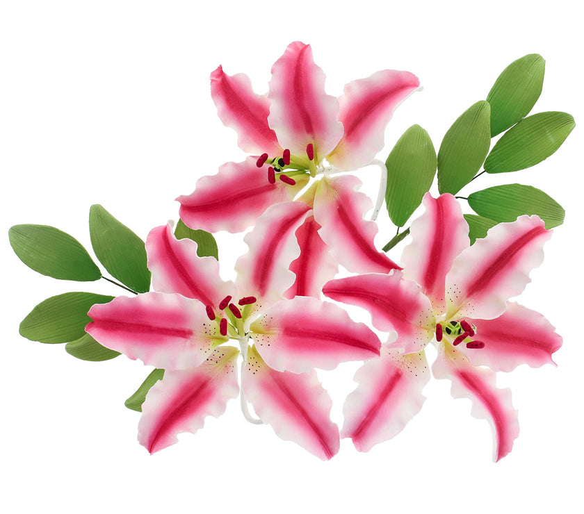 Stargazer Lily Sugar Flowers with Leaf Sprays by Global Sugar Art, Pink and White, 3 Count