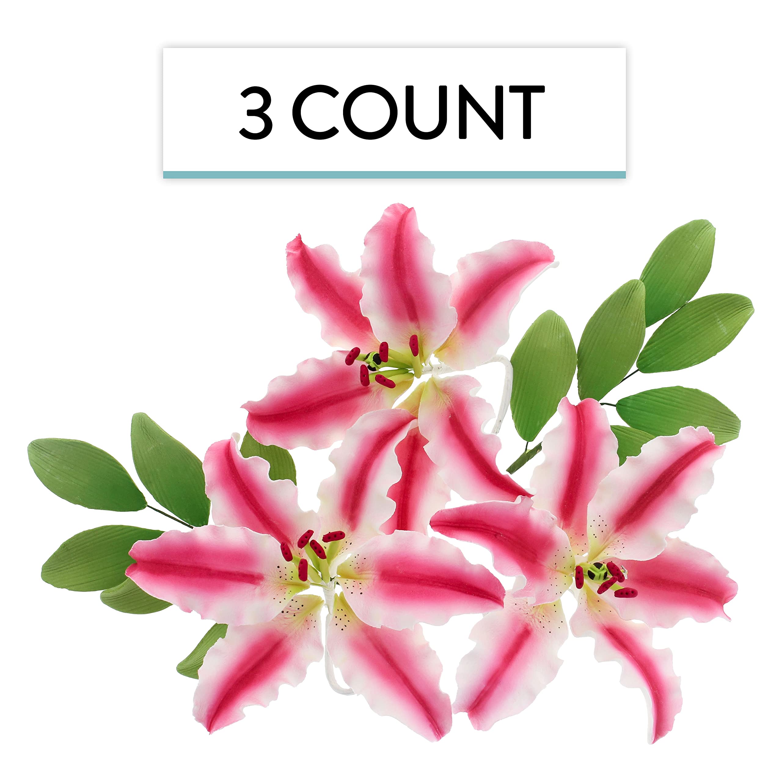 Stargazer Lily Sugar Flowers with Leaf Sprays by Global Sugar Art, Pink and White, 3 Count
