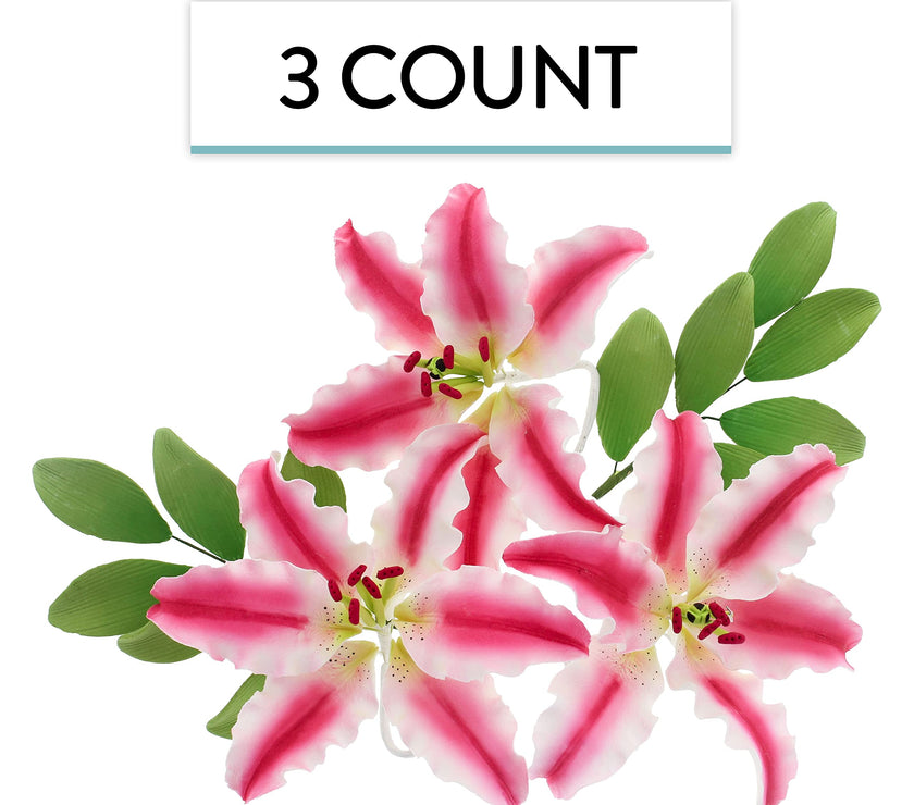 Stargazer Lily Sugar Flowers with Leaf Sprays by Global Sugar Art, Pink and White, 3 Count