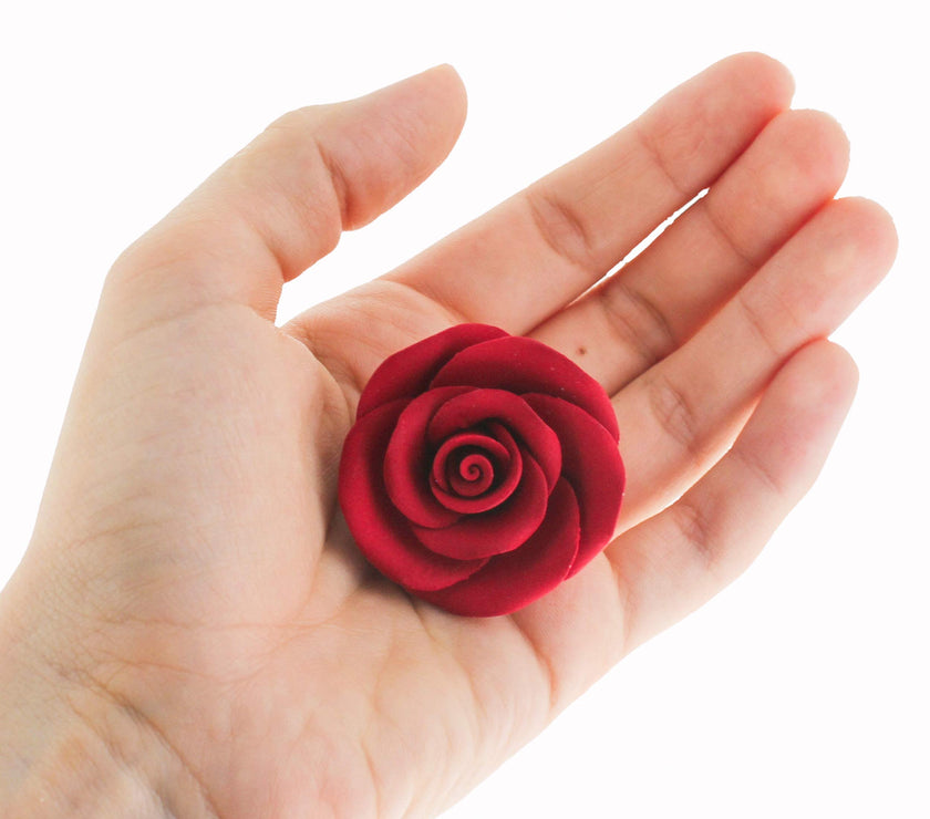 Classic Tea Rose Sugar Cake Flowers, by Global Sugar Art, Wired, Red with Green Calyx, Smedium