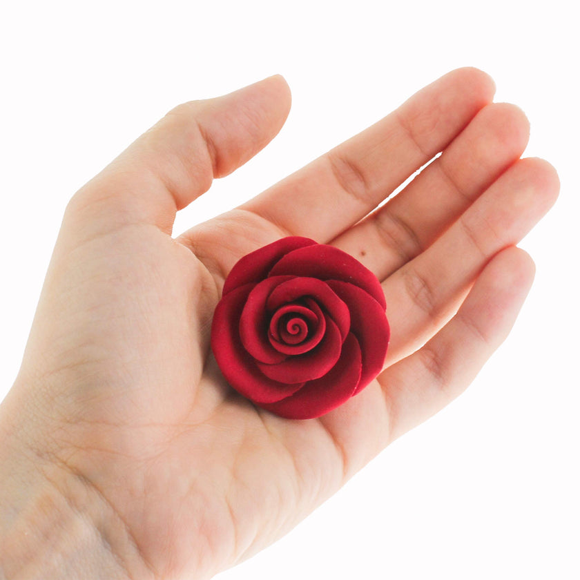 Classic Tea Rose Sugar Cake Flowers, by Global Sugar Art, Wired, Red with Green Calyx, Smedium