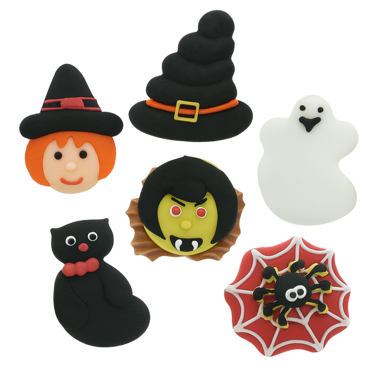 Halloween Cupcake Toppers, Edible Royal Icing Decorations by Global Sugar Art (Witch & Cat)