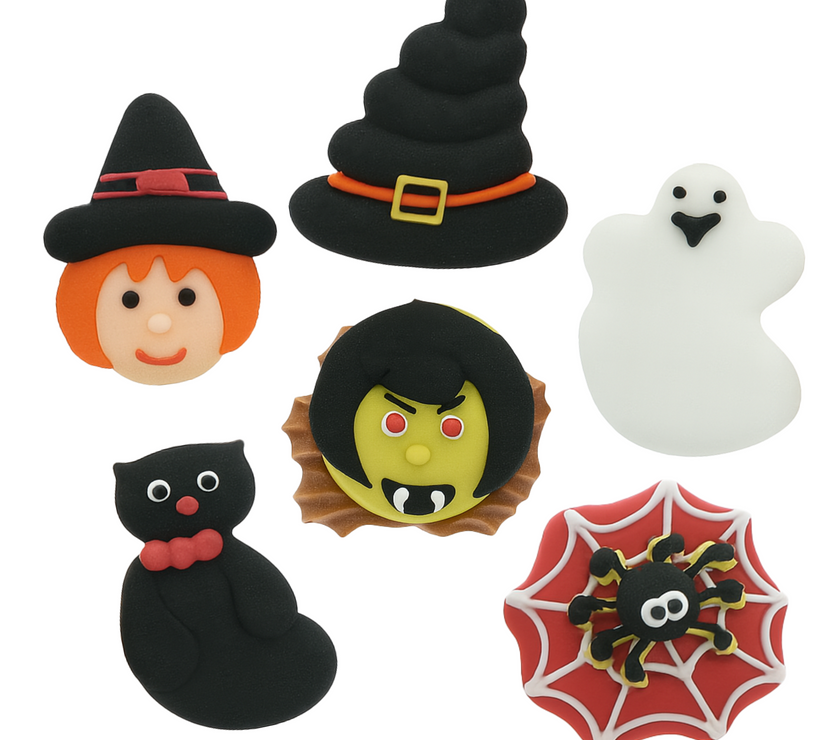 Halloween Cupcake Toppers, Edible Royal Icing Decorations by Global Sugar Art (Witch & Cat)