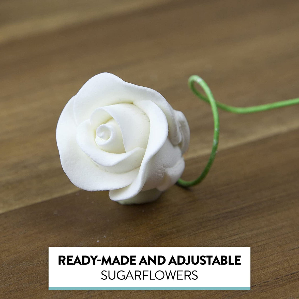 Classic Tea Rose Sugar Cake Flowers, by Global Sugar Art, Wired, White, Small