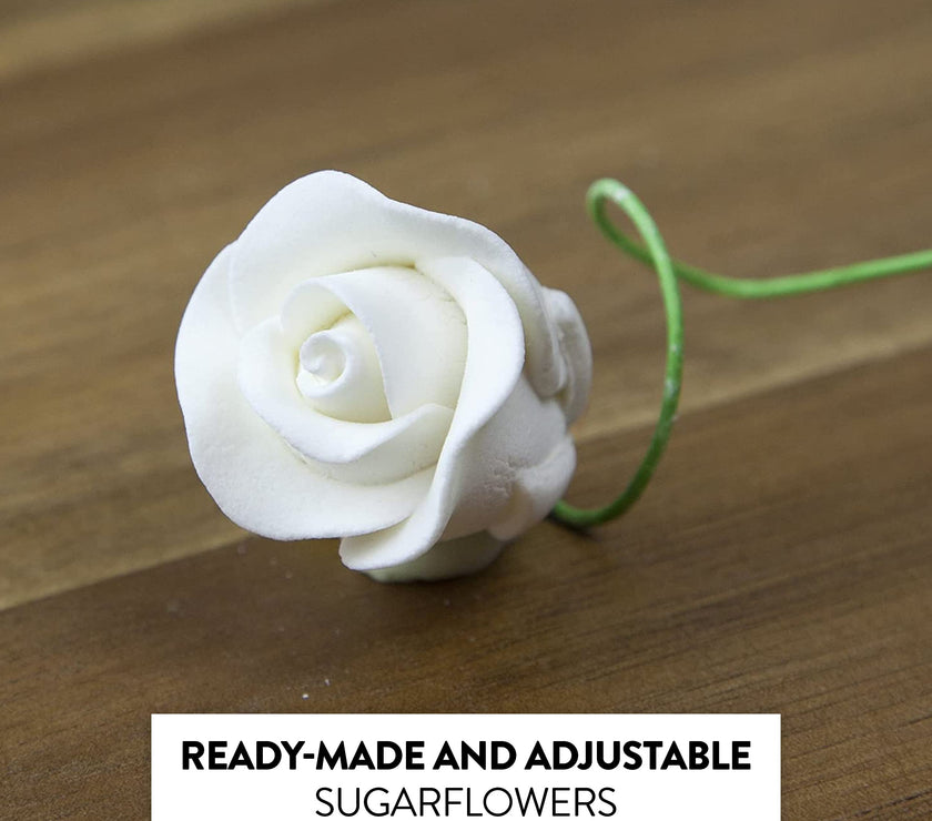 Classic Tea Rose Sugar Cake Flowers, by Global Sugar Art, Wired, White, Small