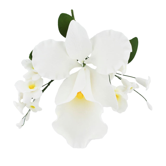 Orchid Sugar Cake Flower Sprays, White Cattleya Arched Orchid Spray, by Global Sugar Art