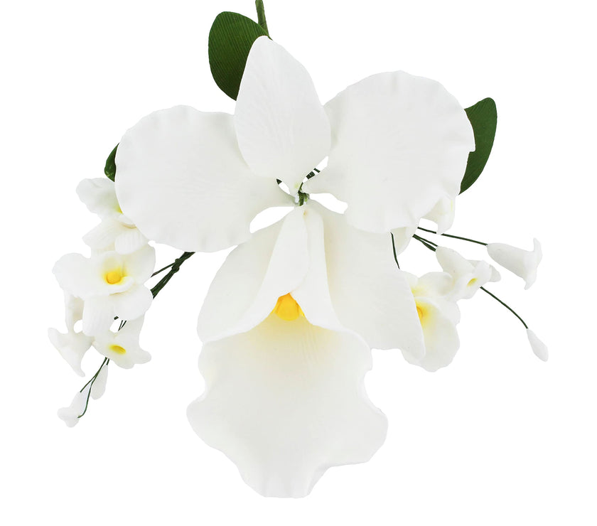 Orchid Sugar Cake Flower Sprays, White Cattleya Arched Orchid Spray, by Global Sugar Art