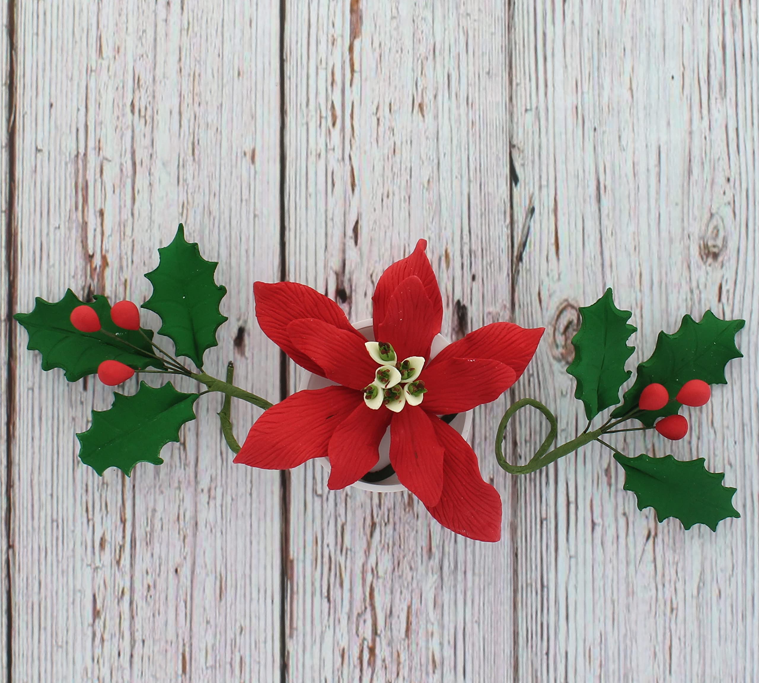 Poinsettia Sugar Flower & Holly Leaf Spray Kit for Cakes, by Global Sugar Art, Small with Berries