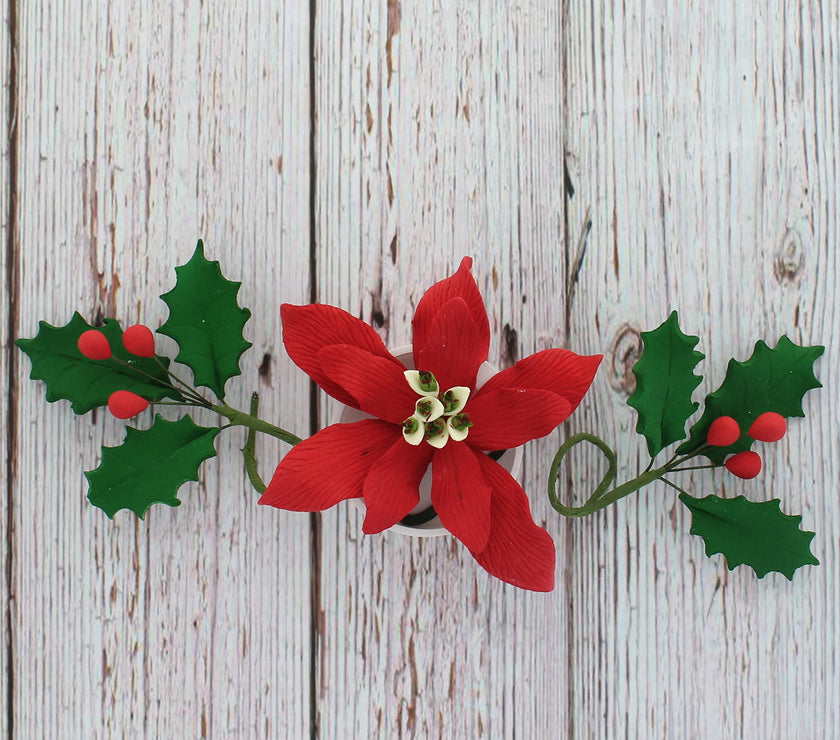 Poinsettia Sugar Flower & Holly Leaf Spray Kit for Cakes, by Global Sugar Art, Small with Berries