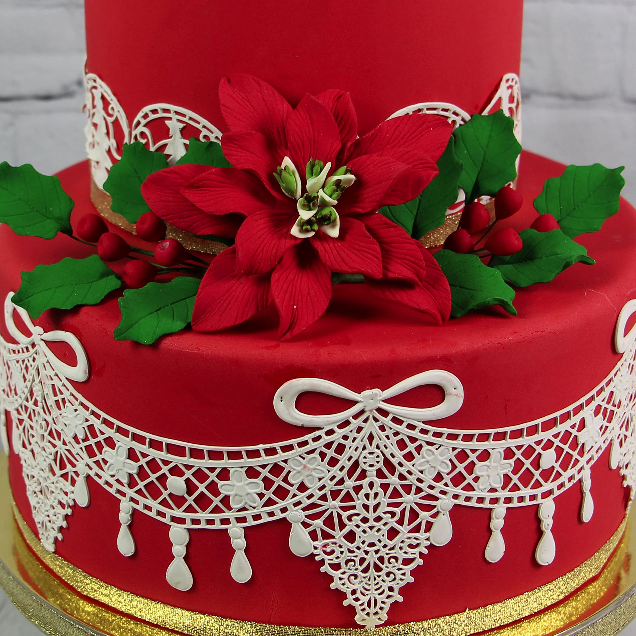 Poinsettia Sugar Flower & Holly Leaf Spray Kit for Cakes, by Global Sugar Art, Large with Berries