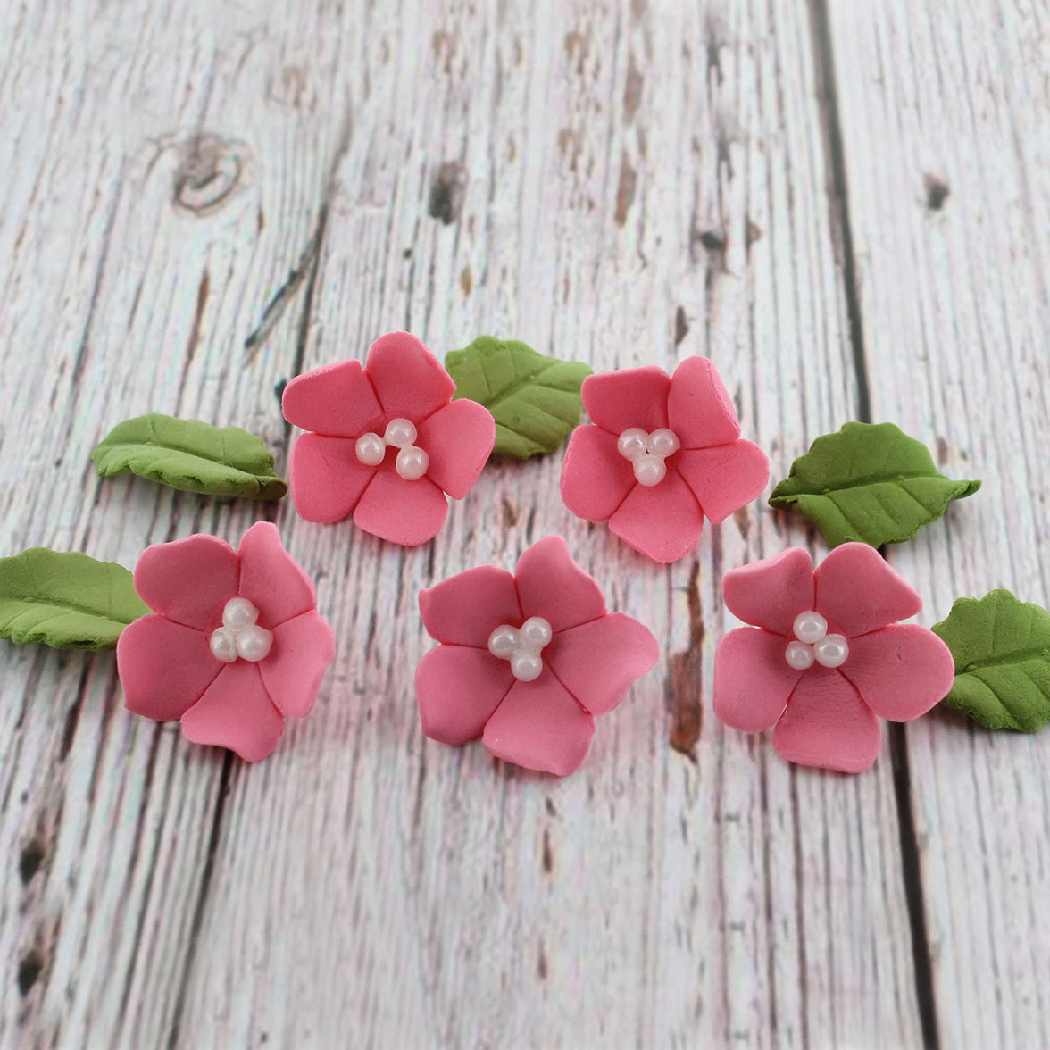 Flower Blossoms with Leaves, Edible Sugar Flowers for Cakes & Cupcakes, by Global Sugar Art, Pink