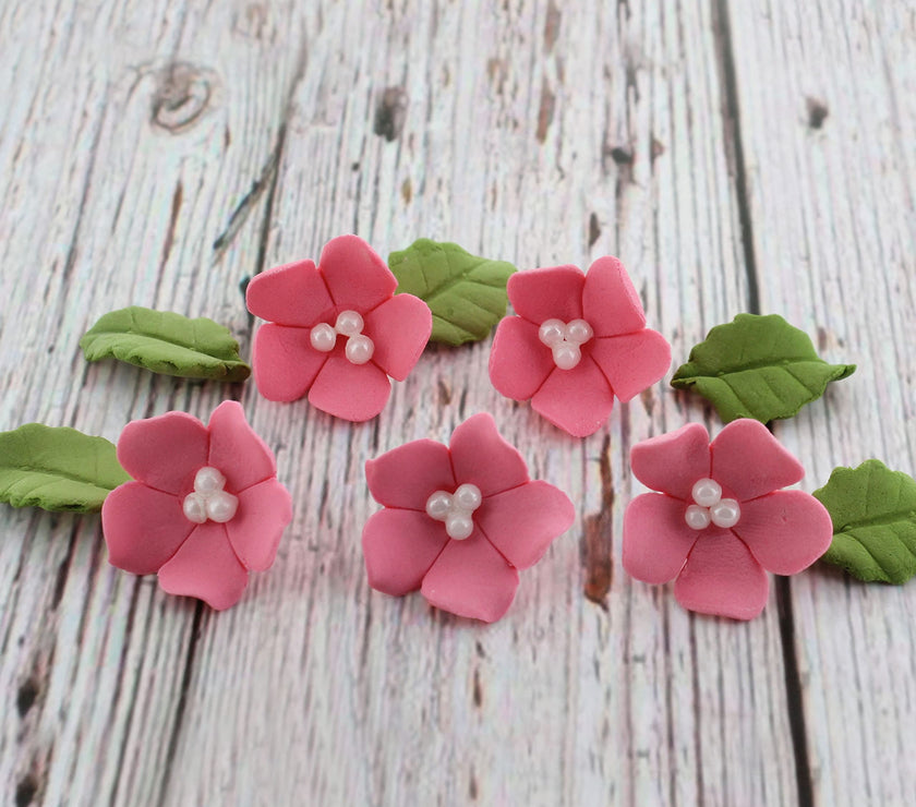 Flower Blossoms with Leaves, Edible Sugar Flowers for Cakes & Cupcakes, by Global Sugar Art, Pink