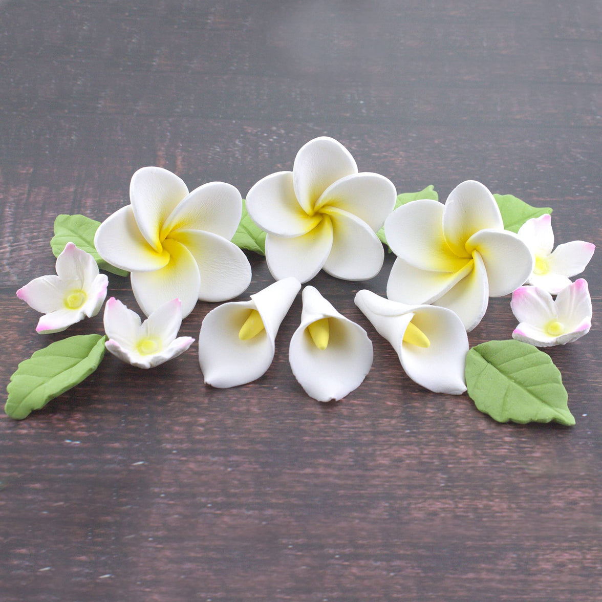 Tropical Flower Kit with Leaves, Gum Paste Frangipani Plumeria Cake Flowers, 36 Count Set, by Global Sugar Art