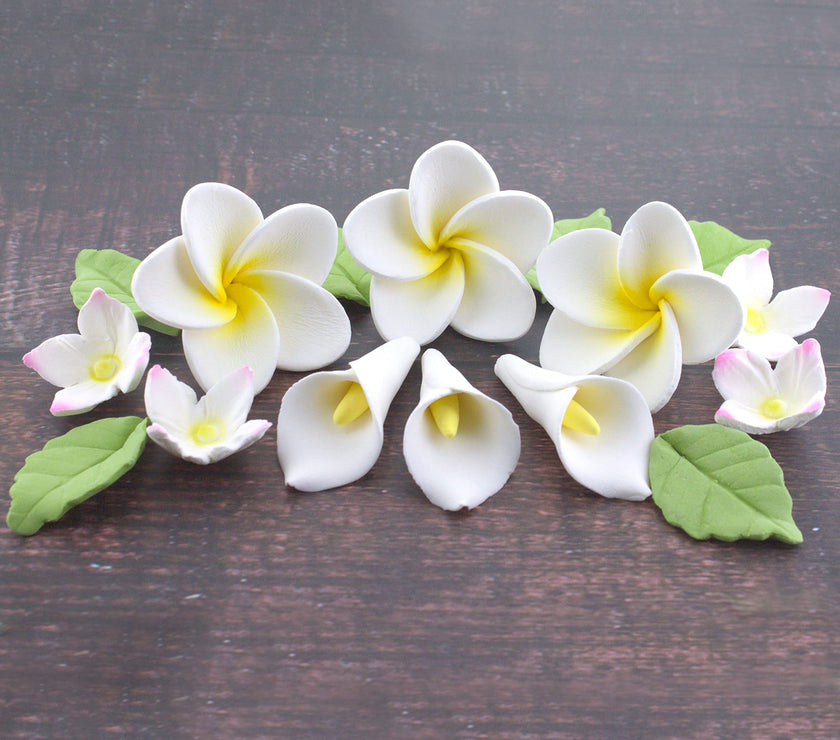 Tropical Flower Kit with Leaves, Gum Paste Frangipani Plumeria Cake Flowers, 36 Count Set, by Global Sugar Art