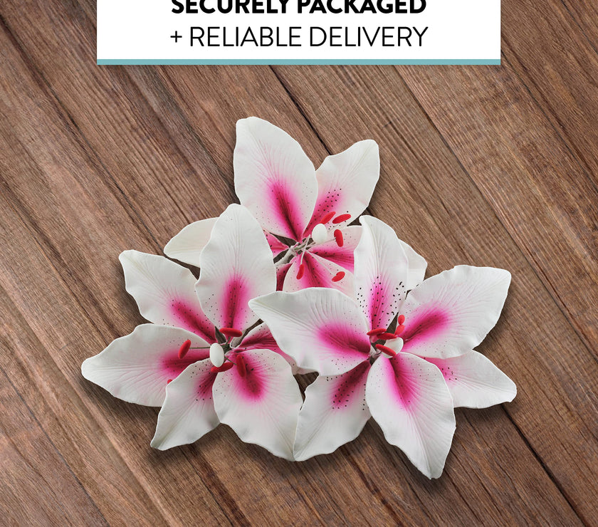Stargazer Lily Cake Topper, Sugar Flower Lilies by Global Sugar Art, Pink and White, Extra Large, 3 Count