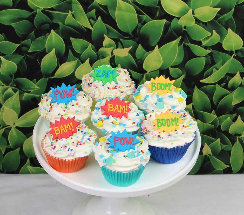 Super Power Comic Book Action Words, Edible Kosher Royal Icing Decorations for Cakes, Cupcakes and Cookies, by Global Sugar Art, 24 Count