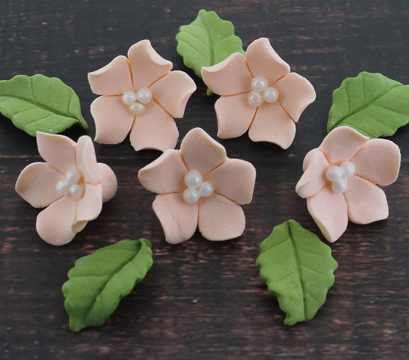 Flower Blossoms with Leaves, Edible Sugar Flowers for Cakes & Cupcakes, by Global Sugar Art, Peach