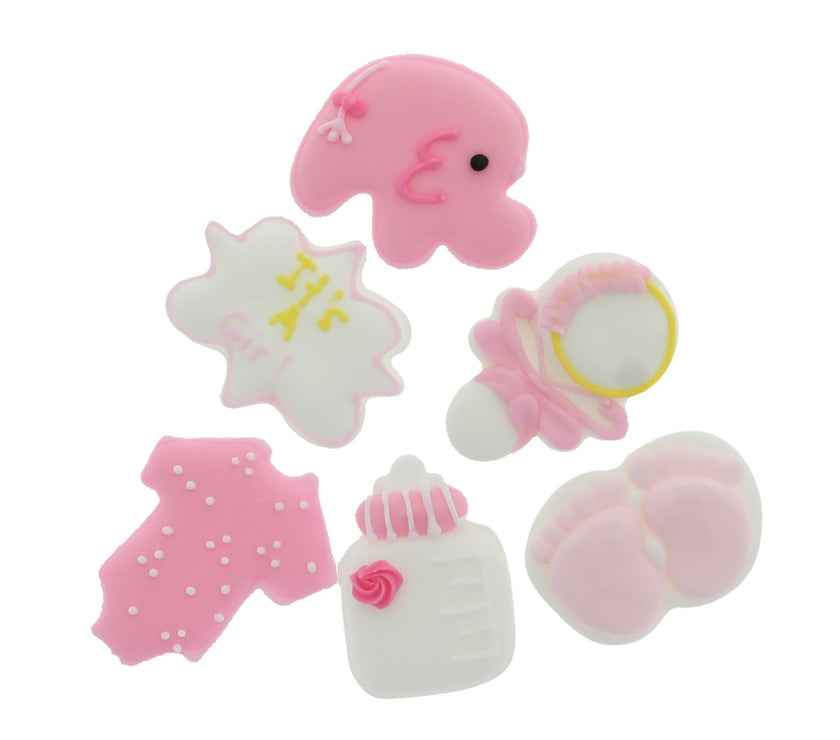 Baby Shower Edible Kosher Royal Icing Decorations for Cakes and Cupcakes, by Global Sugar Art, Baby Girl
