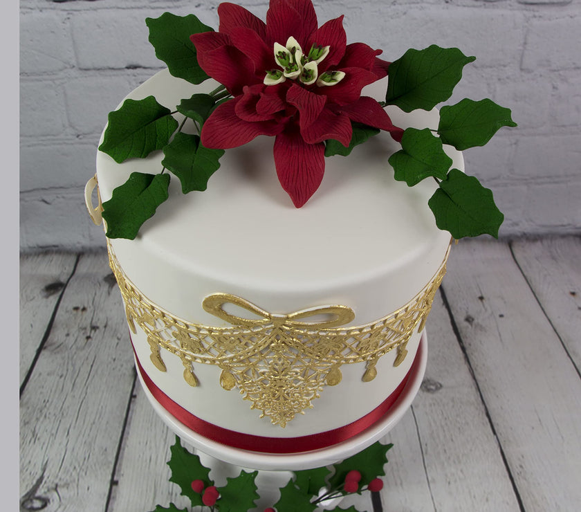 Poinsettia Sugar Flower & Holly Leaf Spray Kit for Cakes, by Global Sugar Art, Large without Berries