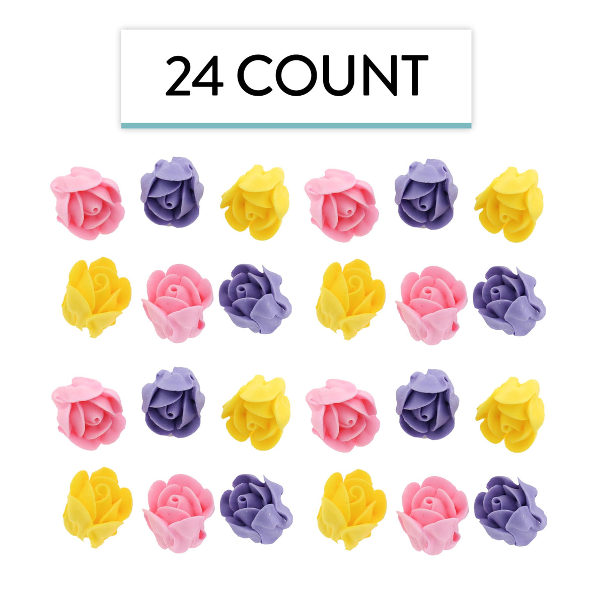 Edible Royal Icing Roses, Two Dozen Roses for Cupcake Decorating, by Global Sugar Art, Pink, Lavender, & Yellow Rose Set