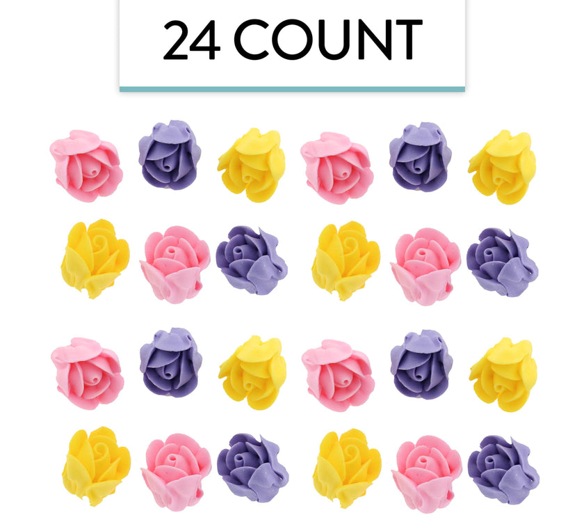Edible Royal Icing Roses, Two Dozen Roses for Cupcake Decorating, by Global Sugar Art, Pink, Lavender, & Yellow Rose Set