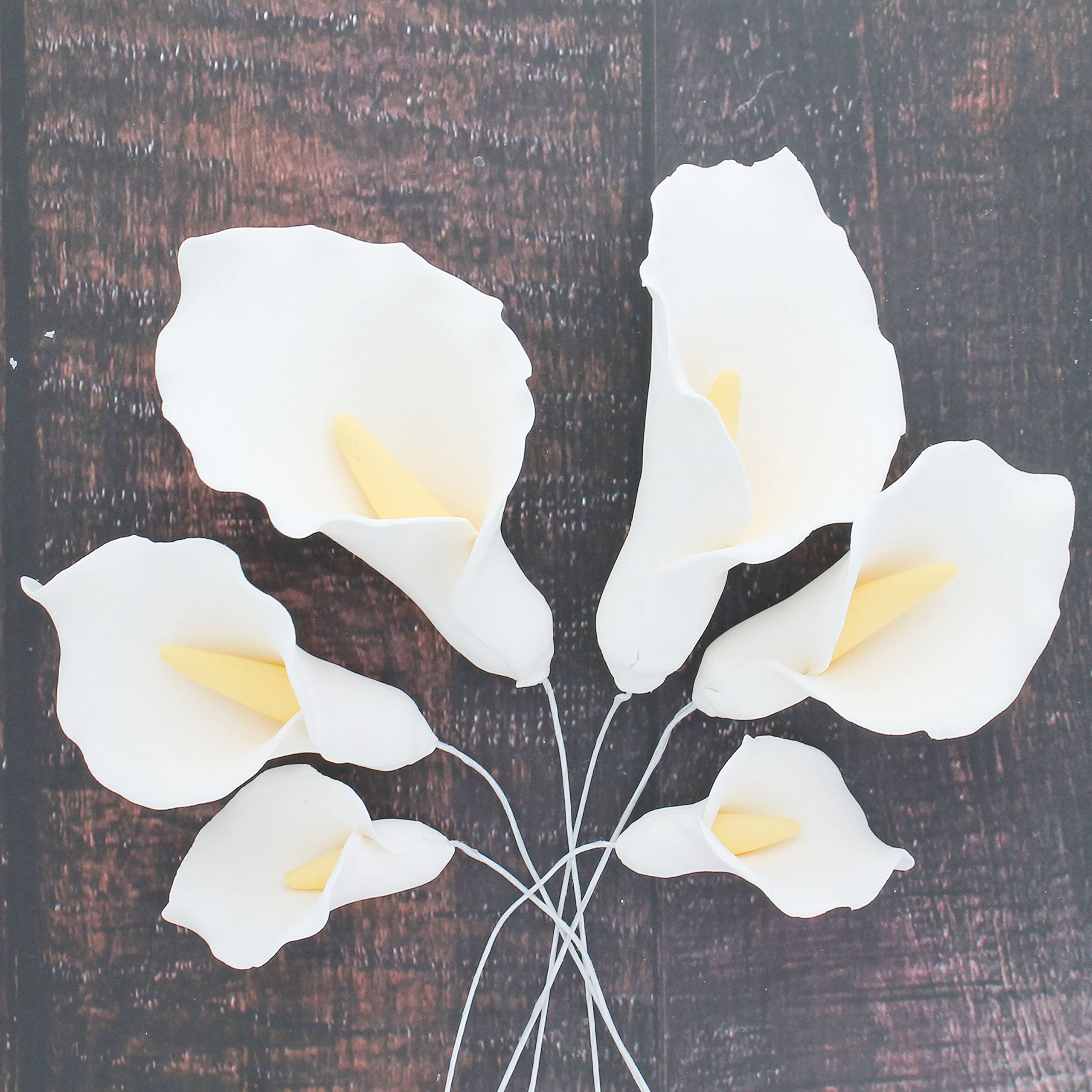 Calla Lily Sugar Cake Flowers by Global Sugar Art, White with Yellow, Wired, 3 Sizes, 6 Count