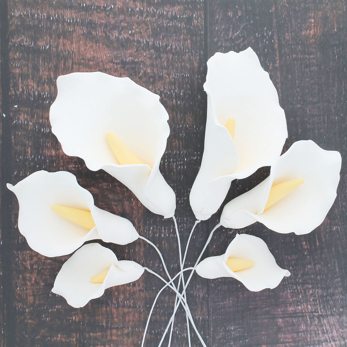 Calla Lily Sugar Cake Flowers by Global Sugar Art, White with Yellow, Wired, 3 Sizes, 6 Count
