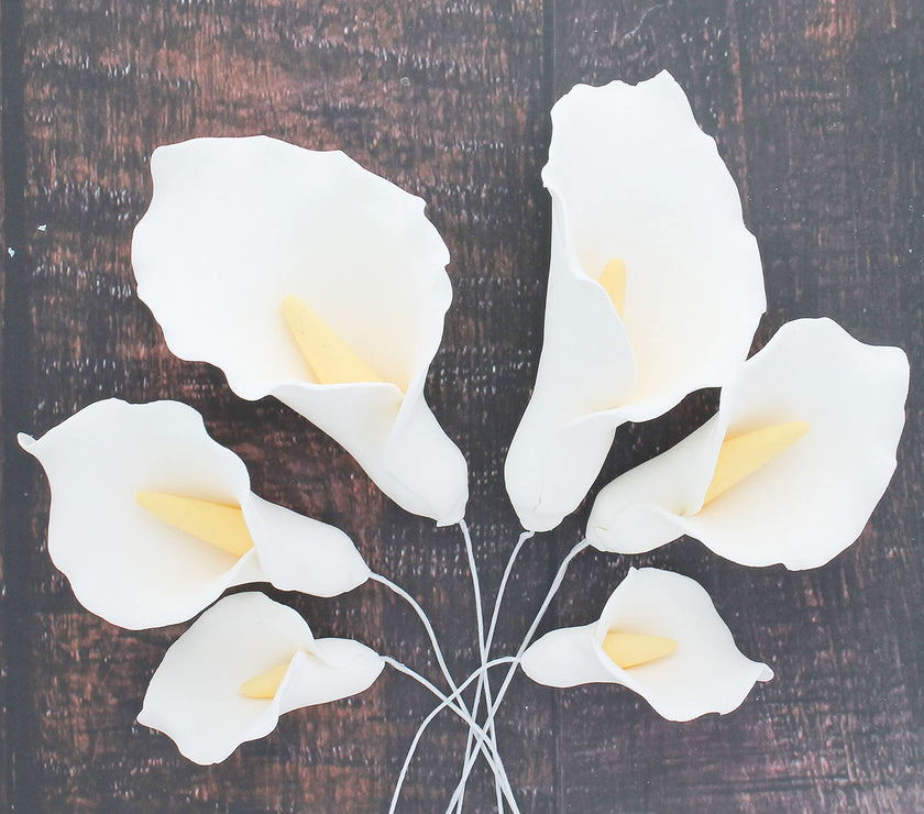 Calla Lily Sugar Cake Flowers by Global Sugar Art, White with Yellow, Wired, 3 Sizes, 6 Count