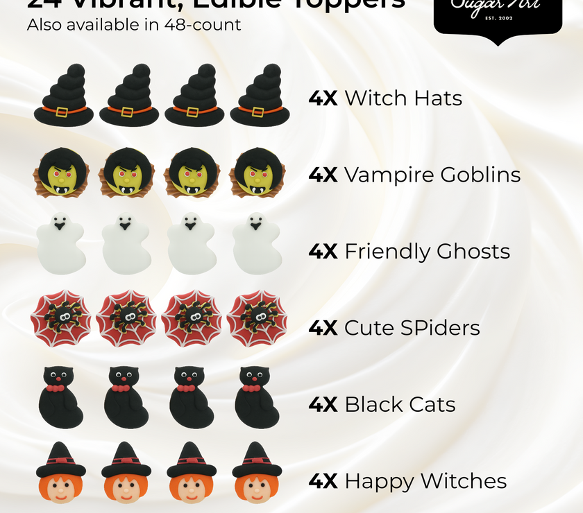 Halloween Cupcake Toppers, Edible Royal Icing Decorations by Global Sugar Art (Witch & Cat)