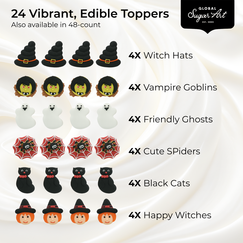 Halloween Cupcake Toppers, Edible Royal Icing Decorations by Global Sugar Art (Witch & Cat)