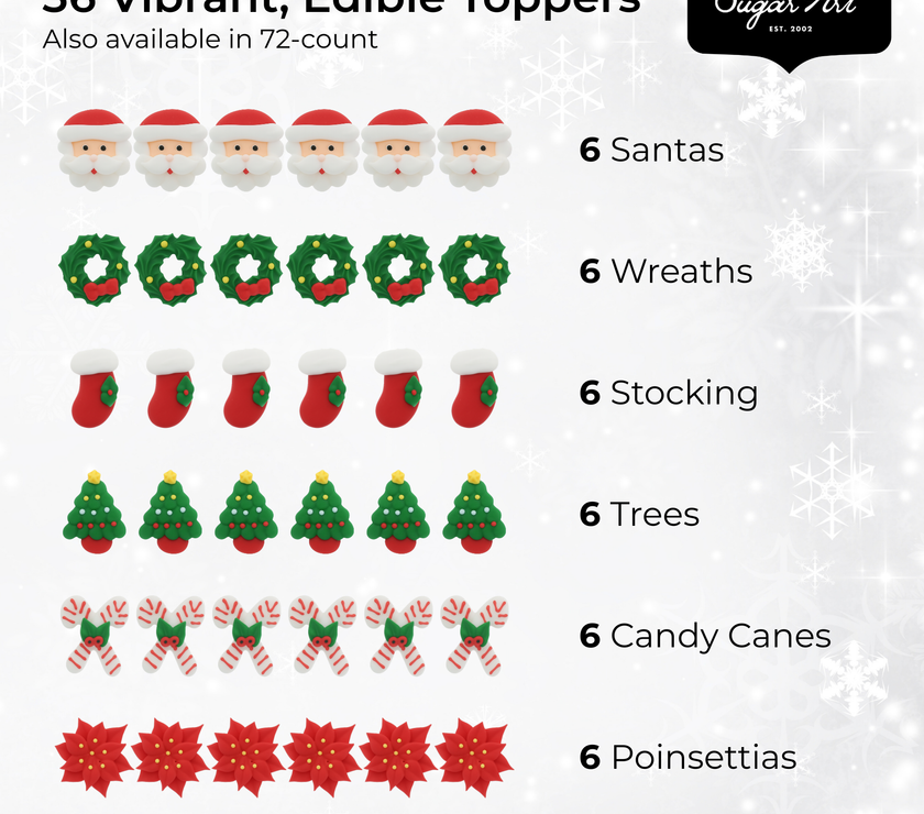 Christmas Cupcake Toppers, Edible Royal Icing Decorations, by Global Sugar Art (Wreath Poinsettia)