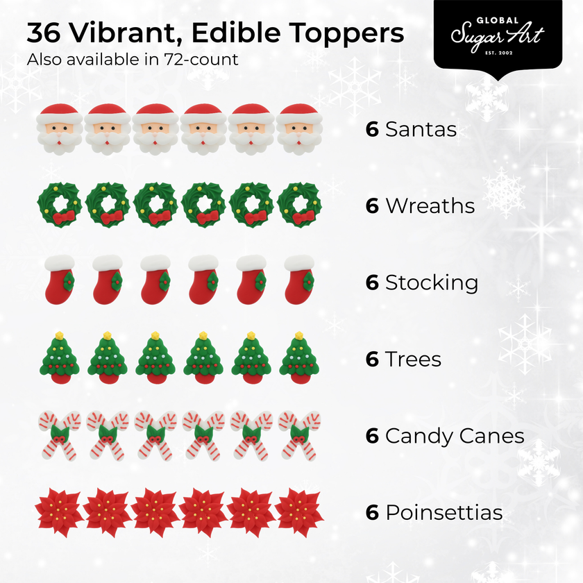 Christmas Cupcake Toppers, Edible Royal Icing Decorations, by Global Sugar Art (Wreath Poinsettia)