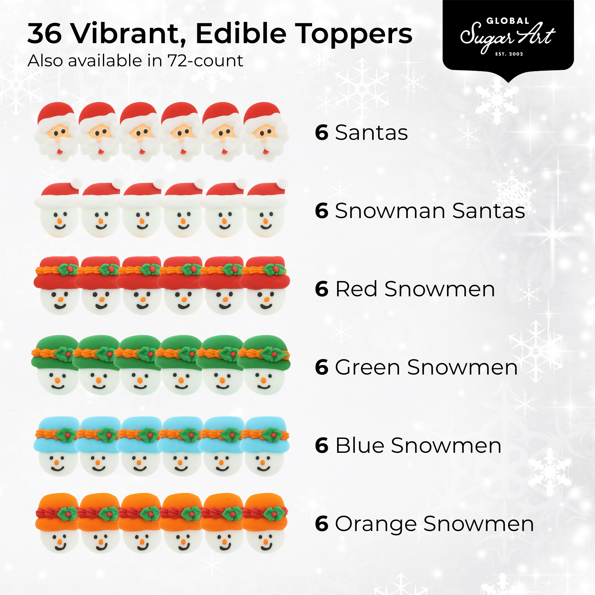 Christmas Cupcake Toppers, Edible Royal Icing Decorations, by Global Sugar Art (Santa Snowman)