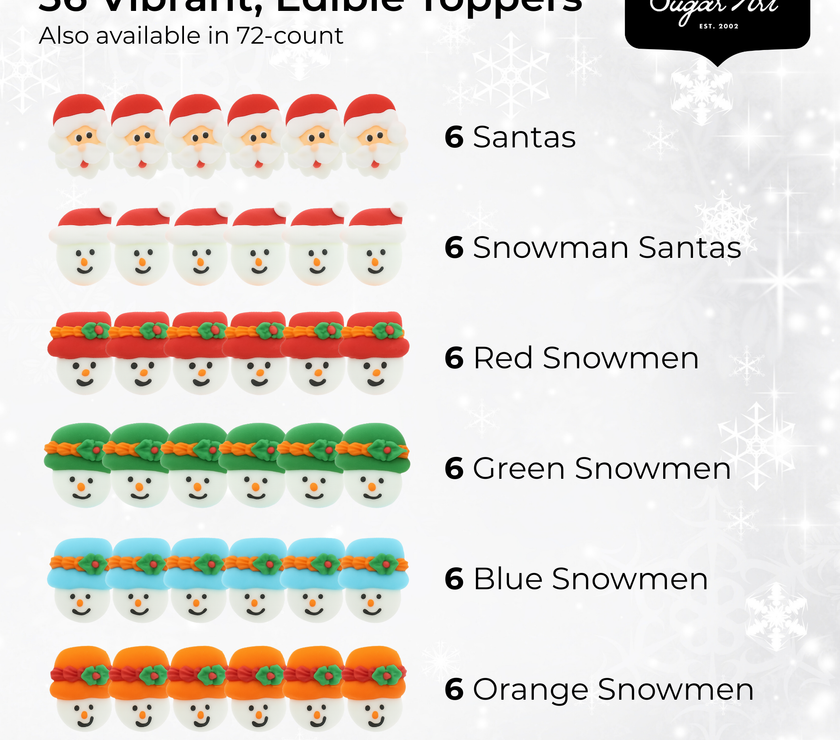Christmas Cupcake Toppers, Edible Royal Icing Decorations, by Global Sugar Art (Santa Snowman)