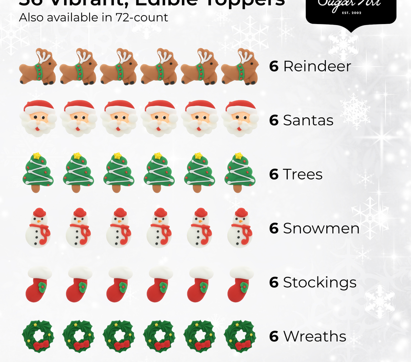 Christmas Cupcake Toppers, Edible Royal Icing Decorations, by Global Sugar Art (Santa Reindeer)