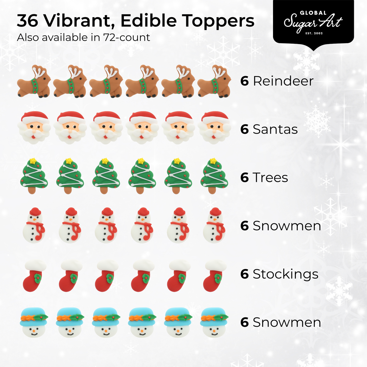 Christmas Cupcake Toppers, Edible Royal Icing Decorations, by Global Sugar Art (Santa Reindeer)