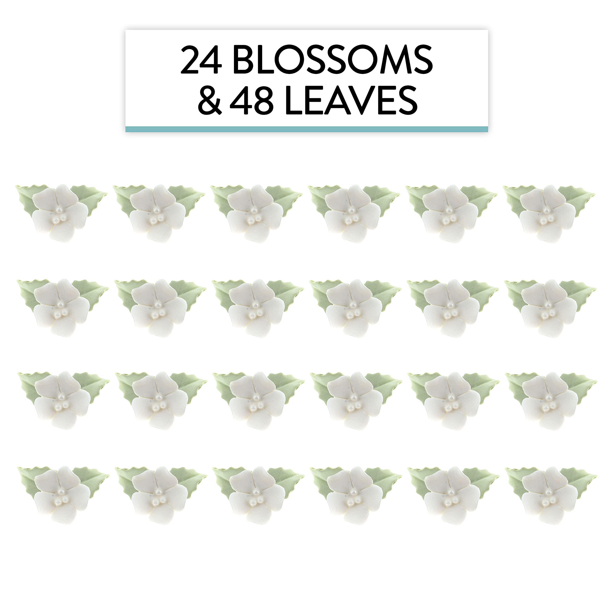Flower Blossoms with Leaves, Edible Sugar Flowers for Cakes & Cupcakes, by Global Sugar Art, White