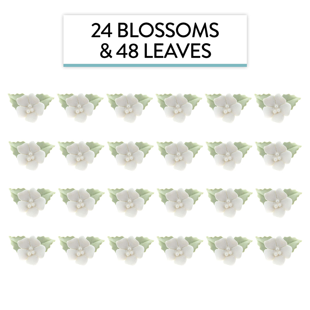 Flower Blossoms with Leaves, Edible Sugar Flowers for Cakes & Cupcakes, by Global Sugar Art, White
