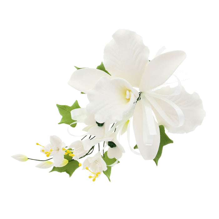 Orchid Sugar Cake Flower Sprays, White Cattleya Orchid Spray, by Global Sugar Art