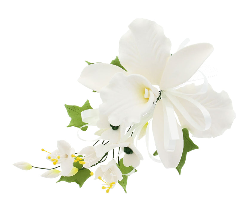 Orchid Sugar Cake Flower Sprays, White Cattleya Orchid Spray, by Global Sugar Art