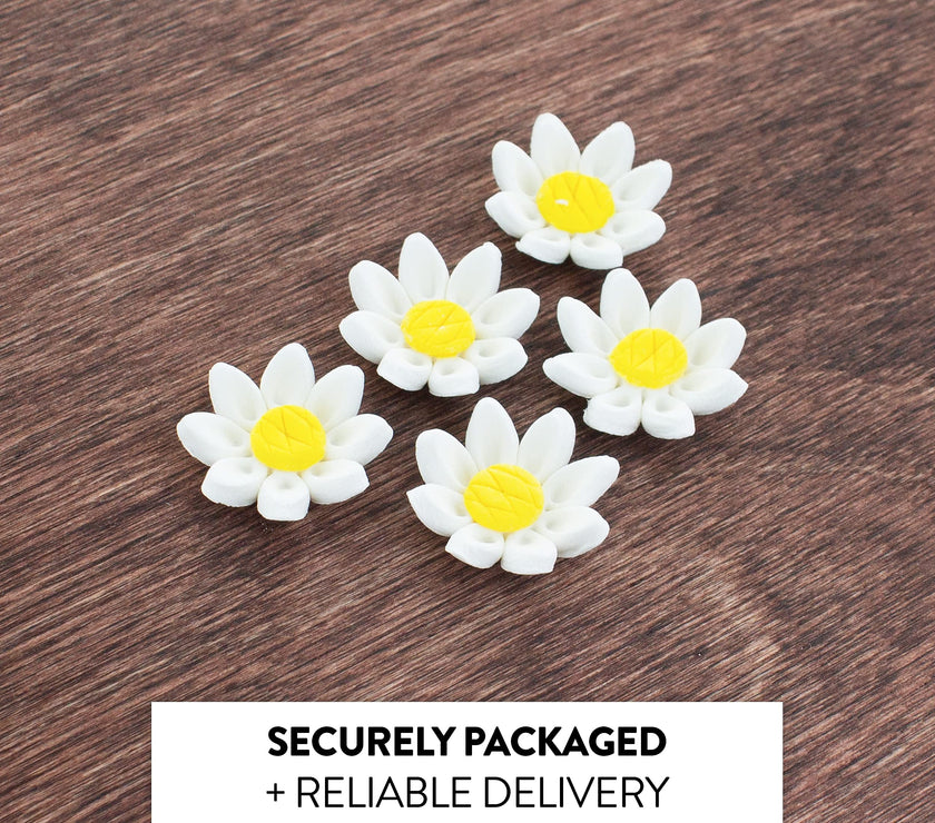 Edible Daisy Cake Decorations, White and Yellow Sugar Flowers, Unwired 3/4 Inch, Daisy Cupcake Toppers, Edible Flowers Cake Decorations by Chef Alan Tetreault, Global Sugar Art